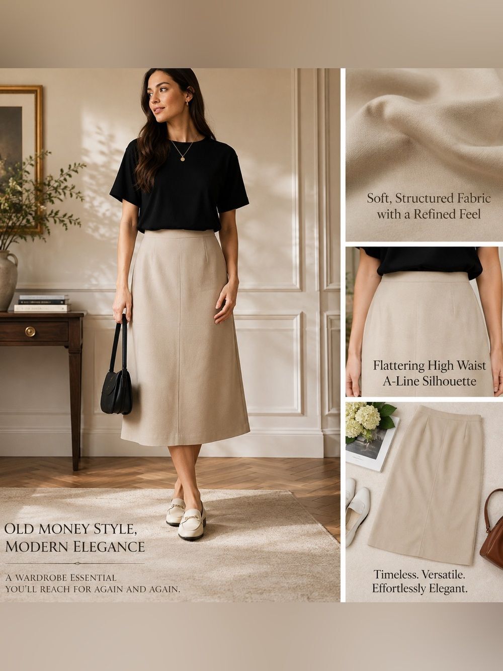 Women’s Beige A-Line Midi Skirt High Waist Old Money Classic Quiet Luxury Sz 8